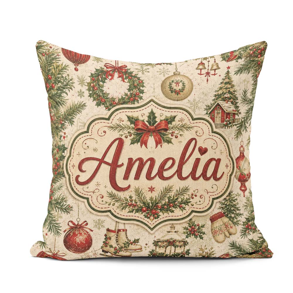 Custom Name Rustic Christmas Wreath Bells Pine Baubles and Snowy Square Filled Cushion Throw Pillow Sofa Bed Home Decor Zip Washable UK Made