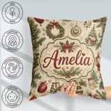 Custom Name Rustic Christmas Wreath Bells Pine Baubles and Snowy Square Filled Cushion Throw Pillow Sofa Bed Home Decor Zip Washable UK Made