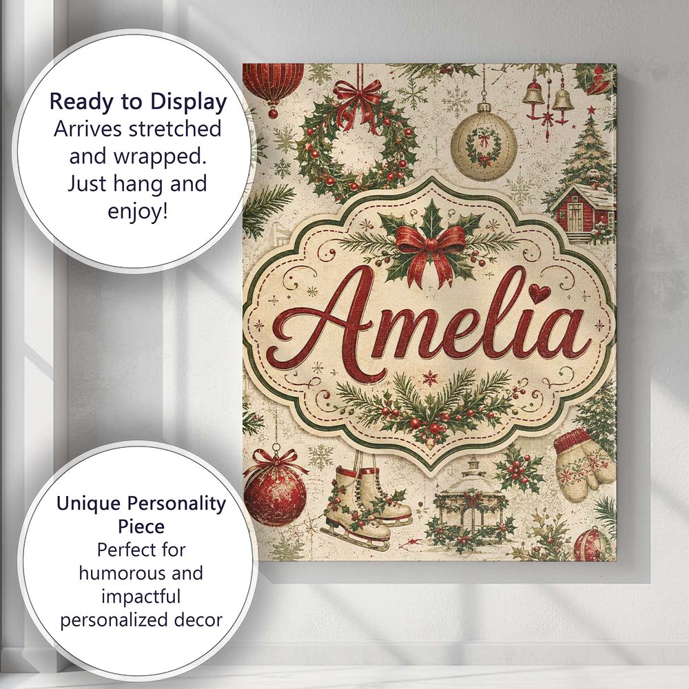 Personalised Name Rustic Christmas Wreath Custom  Unique Gift Idea Elegant Feature Canvas Wall Art Print Decor Picture Ready to Hang