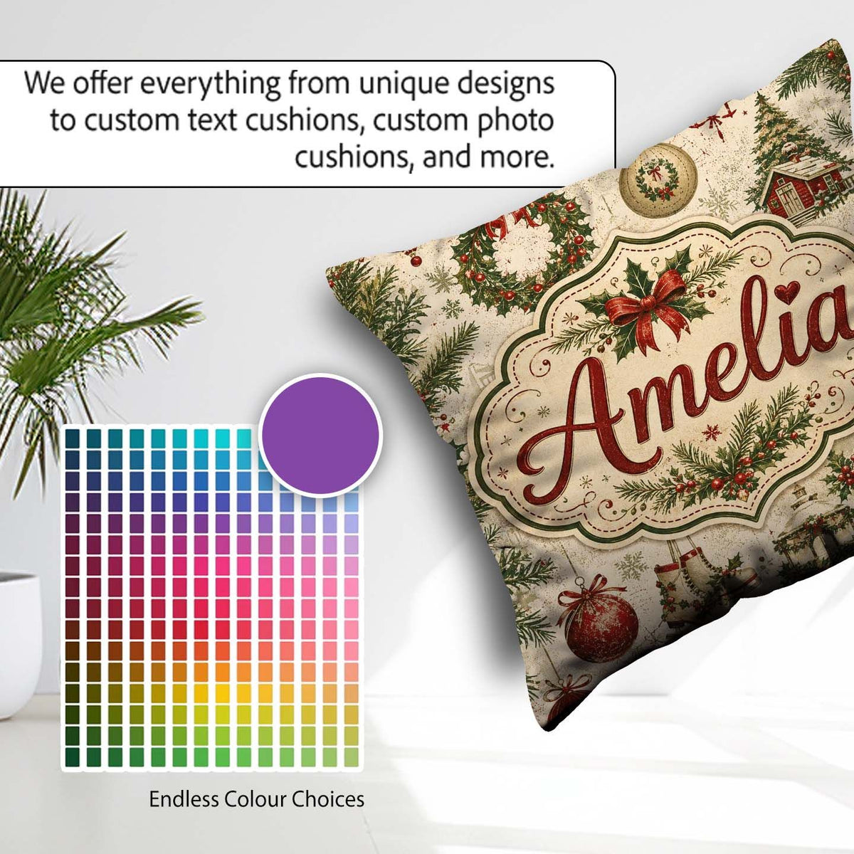 Custom Name Rustic Christmas Wreath Bells Pine Baubles and Snowy Square Filled Cushion Throw Pillow Sofa Bed Home Decor Zip Washable UK Made
