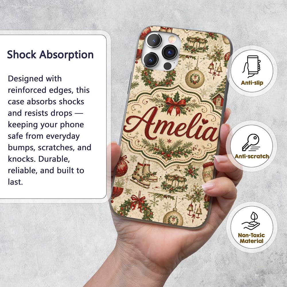 Rustic Christmas Wreath Bells Pine Printed Design Custom Name Protective Phone Case Mobile Cover Durable Everyday Smartphone Shock Resistant