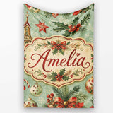 Vintage Christmas Baubles Holly Berries Candy Cane and Snowflakes  Personalised Custom Name Super Soft Fleece Blanket Bed Sofa Throw