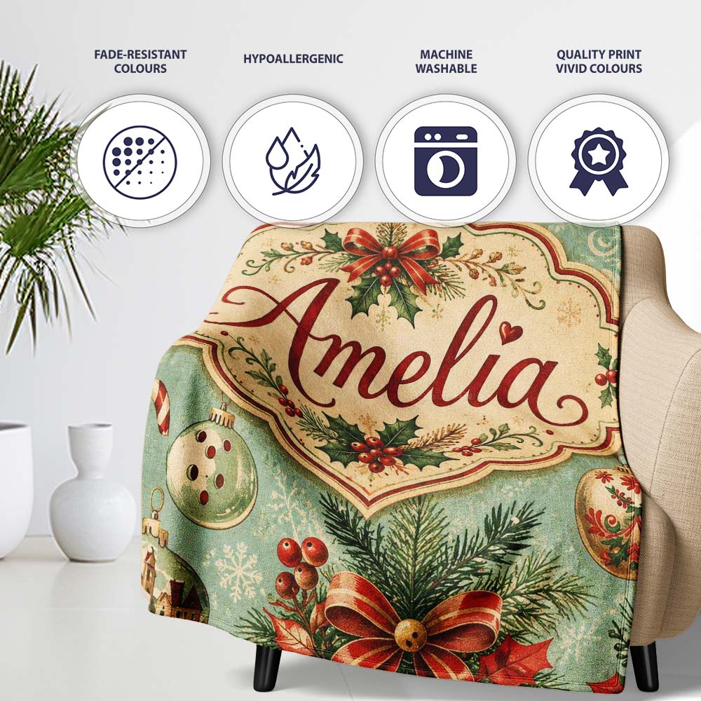 Vintage Christmas Baubles Holly Berries Candy Cane and Snowflakes  Personalised Custom Name Super Soft Fleece Blanket Bed Sofa Throw