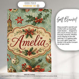 Vintage Christmas Baubles Holly Berries Candy Cane and Snowflakes  Personalised Custom Name Super Soft Fleece Blanket Bed Sofa Throw
