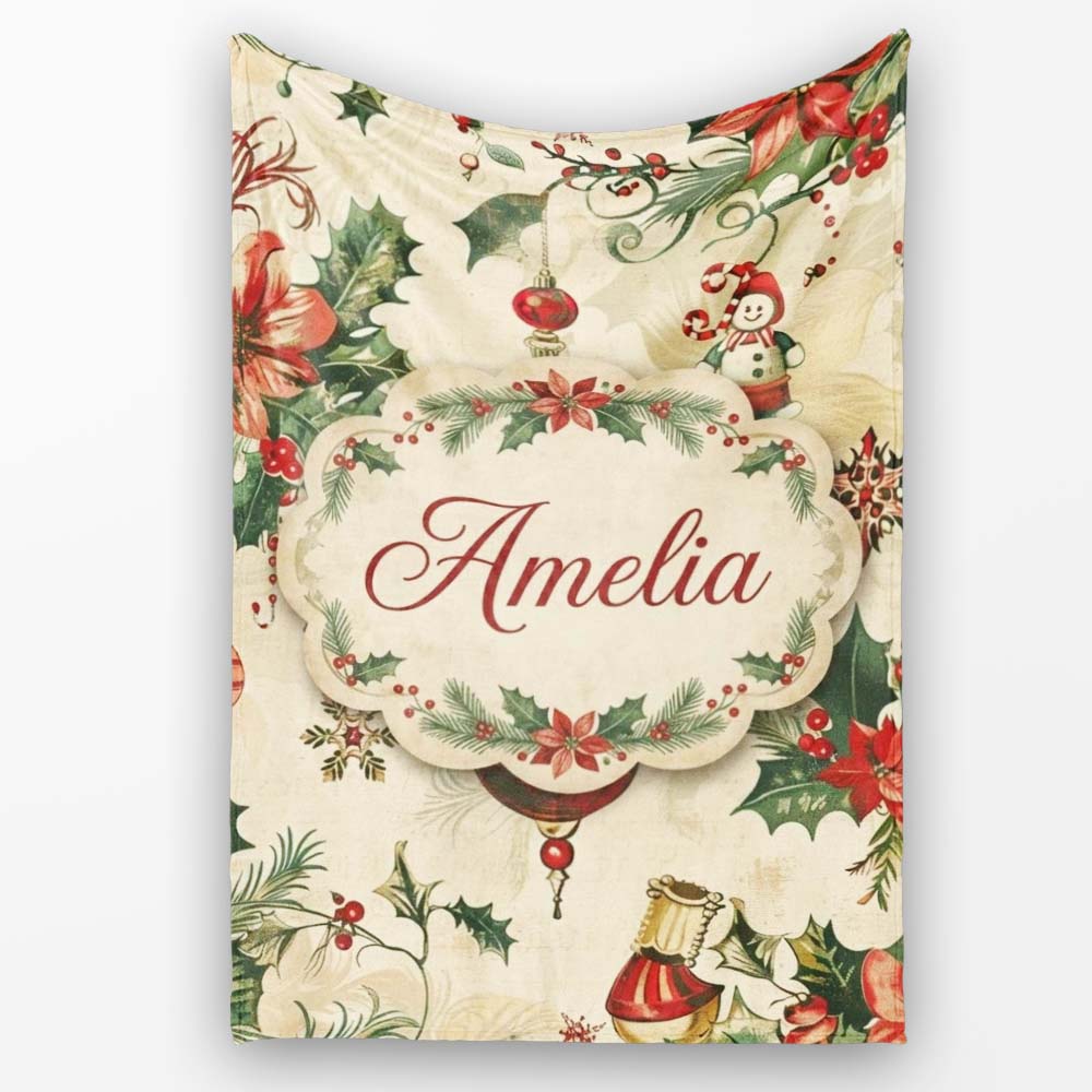 Elegant Christmas Floral Holly Ornaments Snowflakes and Festive  Personalised Custom Name Super Soft Fleece Blanket Bed Sofa Throw