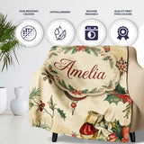 Elegant Christmas Floral Holly Ornaments Snowflakes and Festive  Personalised Custom Name Super Soft Fleece Blanket Bed Sofa Throw