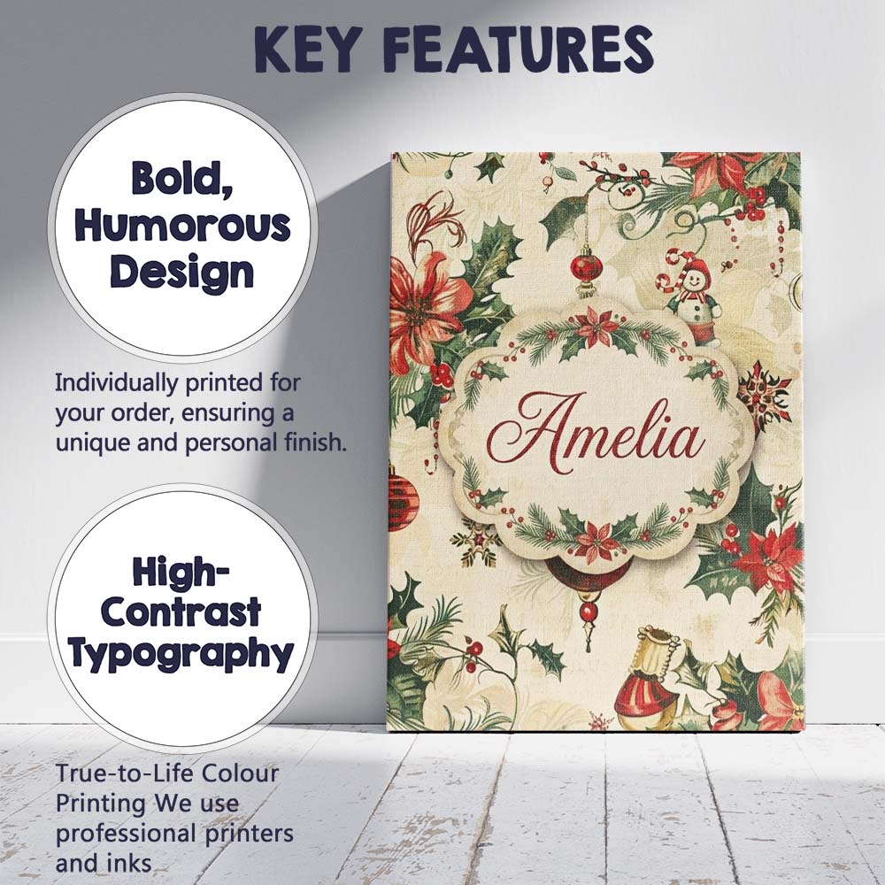 Personalised Name Elegant Christmas Floral Custom  Bespoke Contemporary Statement Canvas Wall Art Print Decor Picture Ready to Hang