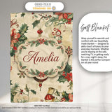 Elegant Christmas Floral Holly Ornaments Snowflakes and Festive  Personalised Custom Name Super Soft Fleece Blanket Bed Sofa Throw