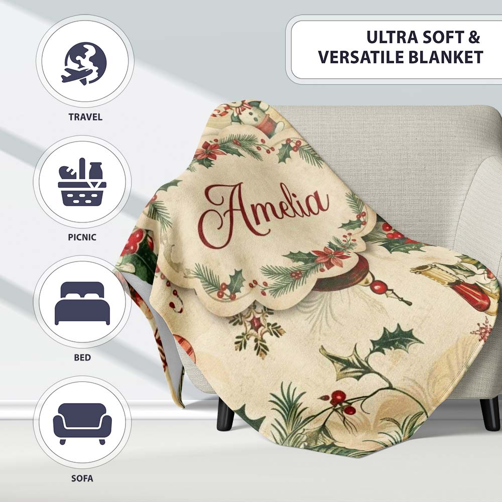 Elegant Christmas Floral Holly Ornaments Snowflakes and Festive  Personalised Custom Name Super Soft Fleece Blanket Bed Sofa Throw