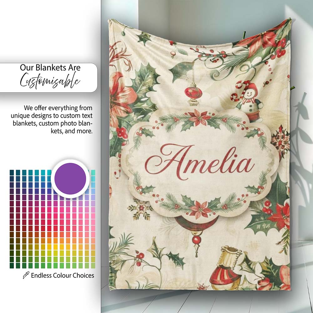 Elegant Christmas Floral Holly Ornaments Snowflakes and Festive  Personalised Custom Name Super Soft Fleece Blanket Bed Sofa Throw
