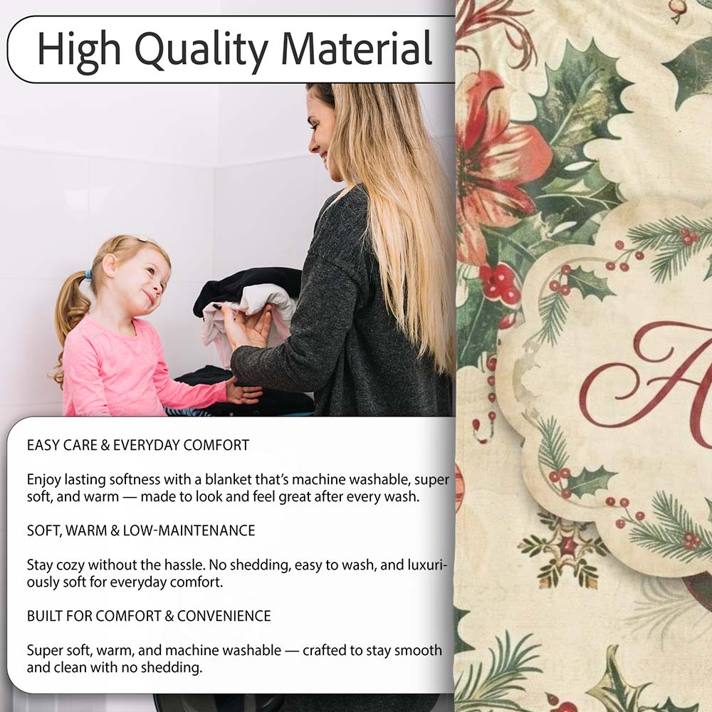 Elegant Christmas Floral Holly Ornaments Snowflakes and Festive  Personalised Custom Name Super Soft Fleece Blanket Bed Sofa Throw