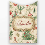 Vintage Woodland Christmas Tree Deer Fox Ornaments and Snowflakes  Personalised Custom Name Super Soft Fleece Blanket Bed Sofa Throw
