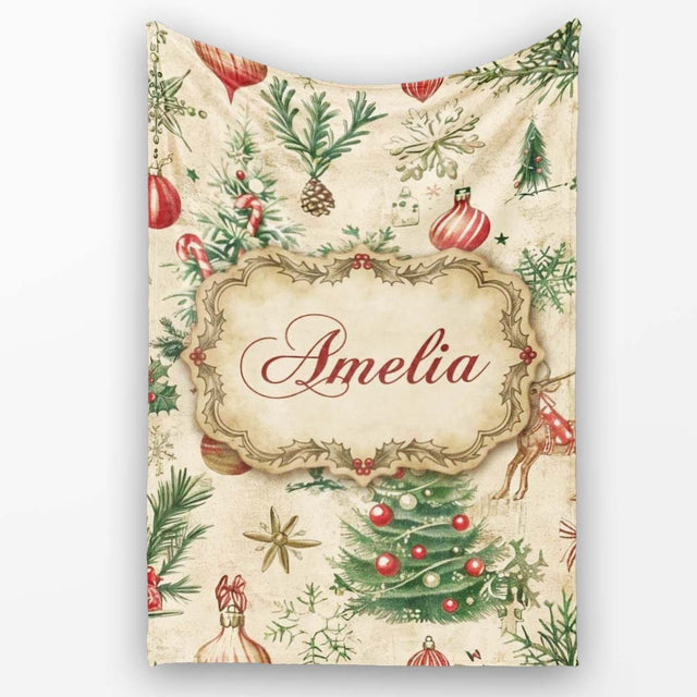 Vintage Woodland Christmas Tree Deer Fox Ornaments and Snowflakes  Personalised Custom Name Super Soft Fleece Blanket Bed Sofa Throw