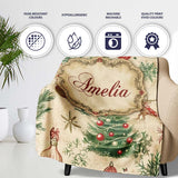Vintage Woodland Christmas Tree Deer Fox Ornaments and Snowflakes  Personalised Custom Name Super Soft Fleece Blanket Bed Sofa Throw