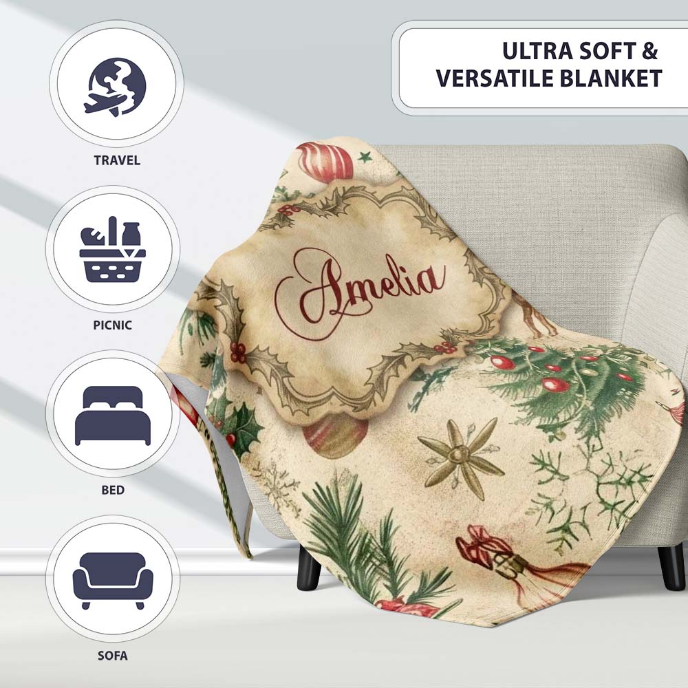 Vintage Woodland Christmas Tree Deer Fox Ornaments and Snowflakes  Personalised Custom Name Super Soft Fleece Blanket Bed Sofa Throw