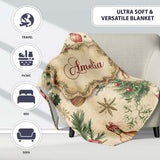 Vintage Woodland Christmas Tree Deer Fox Ornaments and Snowflakes  Personalised Custom Name Super Soft Fleece Blanket Bed Sofa Throw