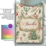 Vintage Woodland Christmas Tree Deer Fox Ornaments and Snowflakes  Personalised Custom Name Super Soft Fleece Blanket Bed Sofa Throw