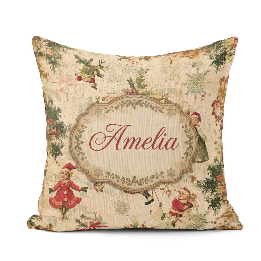 Custom Name Victorian Style Christmas Children Holly and Festive Square Filled Cushion Throw Pillow Sofa Bed Home Decor Zip Washable UK Made