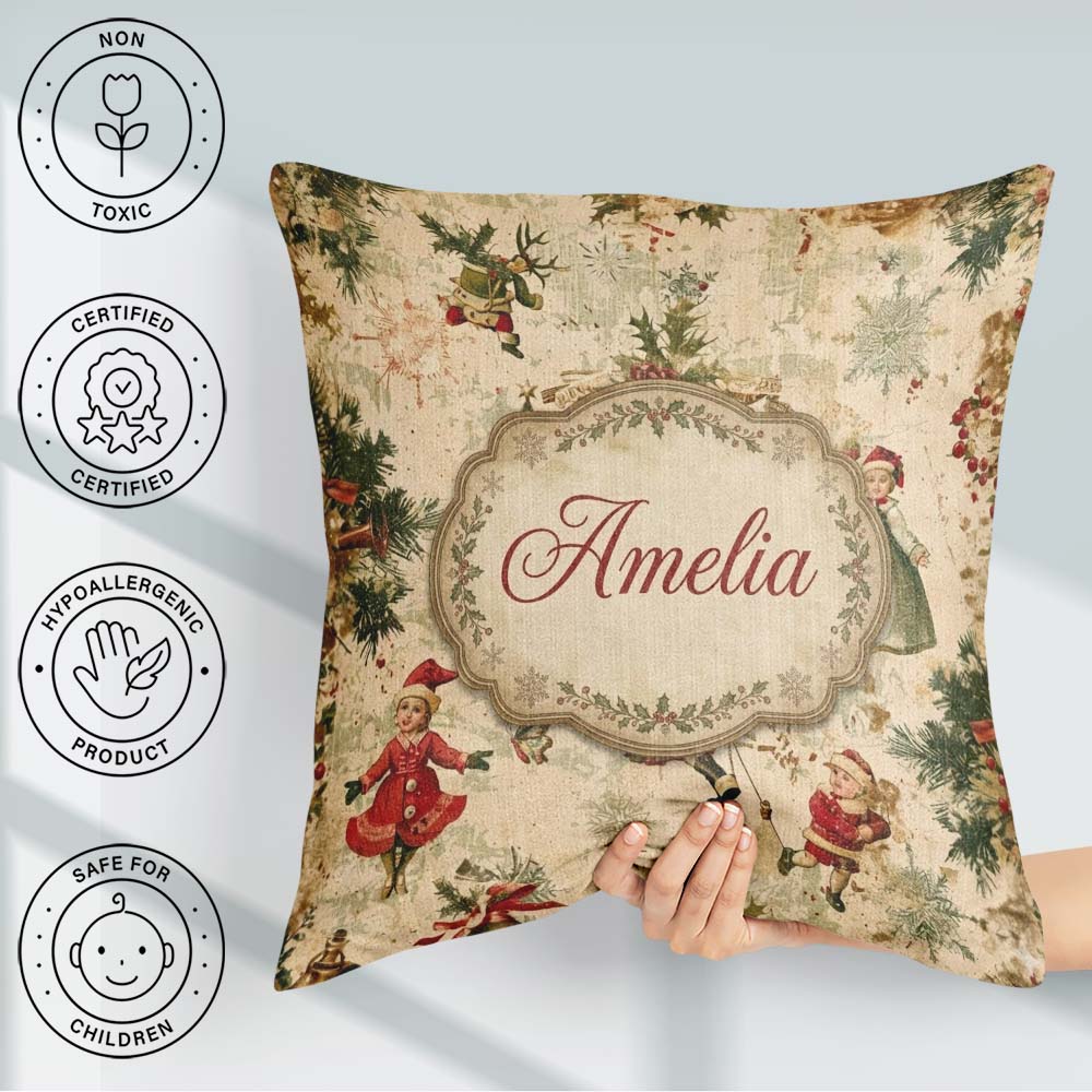 Custom Name Victorian Style Christmas Children Holly and Festive Square Filled Cushion Throw Pillow Sofa Bed Home Decor Zip Washable UK Made