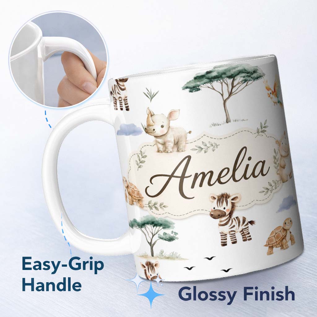 Personalized Custom Name Cute Safari Animals Zebra Rhino Turtle with Trees Neutral Background 11oz Ceramic Coffee Tea Mug White Large Handle