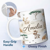 Personalized Custom Name Cute Safari Animals Zebra Rhino Turtle with Trees Neutral Background 11oz Ceramic Coffee Tea Mug White Large Handle