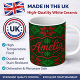 Personalized Custom Name Cute Green Red Nordic Floral Snowflake Winter Knitted Seamless 11oz Ceramic Coffee Tea Mug White Large Handle