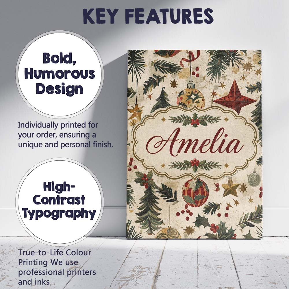 Personalised Name Classic Christmas Ornaments Custom Unique Gift Idea Modern Room Accent Canvas Wall Art Print Decor Picture Ready to Hang