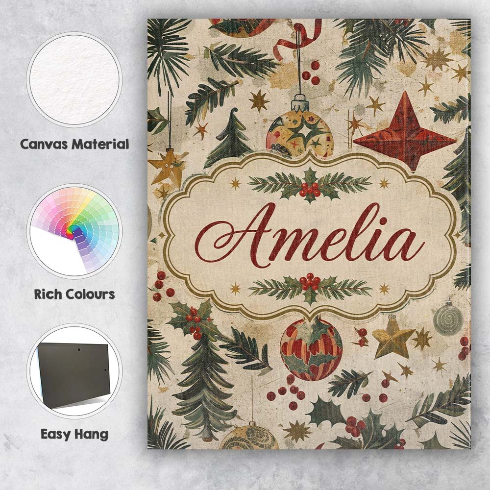 Personalised Name Classic Christmas Ornaments Custom Unique Gift Idea Modern Room Accent Canvas Wall Art Print Decor Picture Ready to Hang