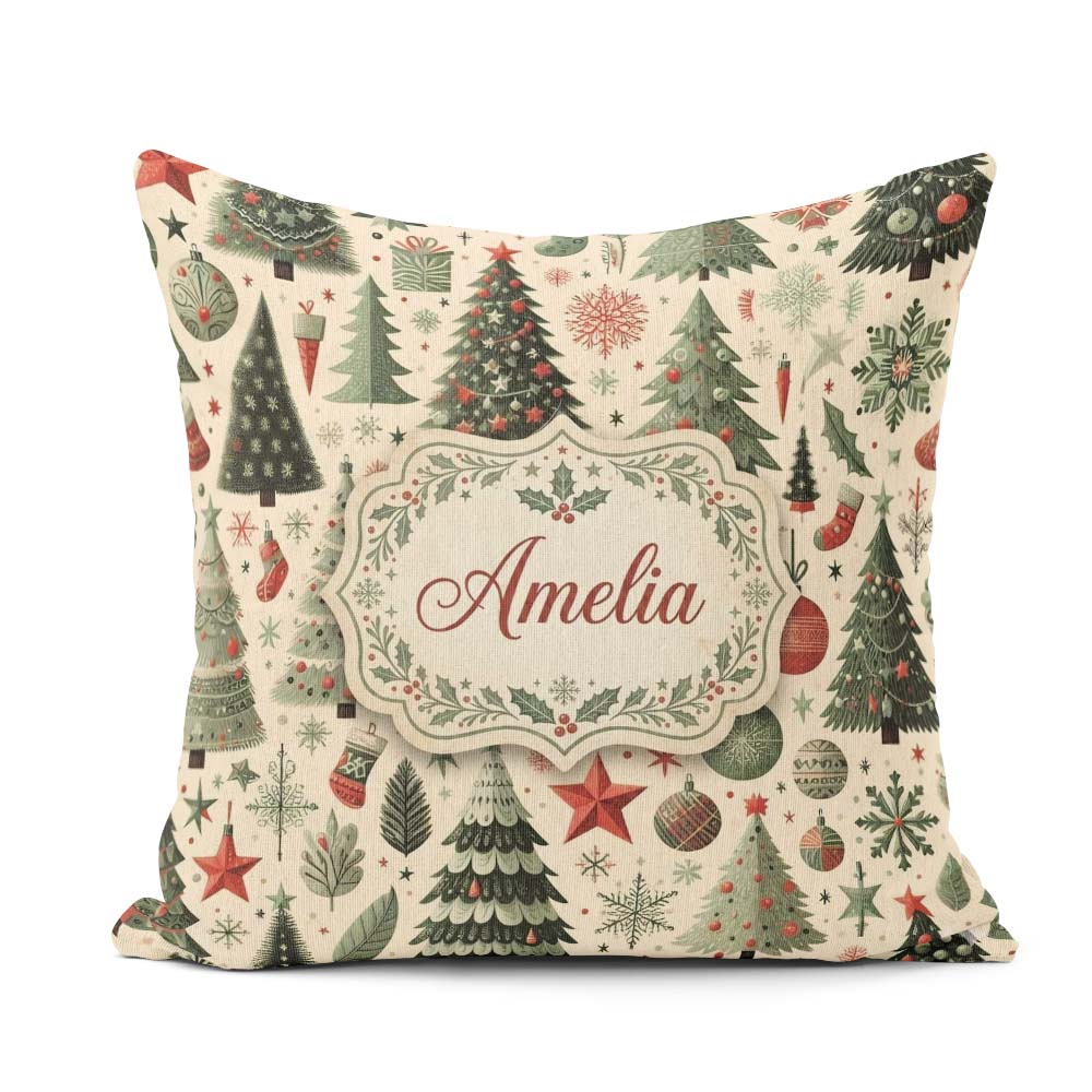 Custom Name Festive Christmas Trees Gifts and Ornaments Seamless Square Filled Cushion Throw Pillow Sofa Bed Home Decor Zip Washable UK Made