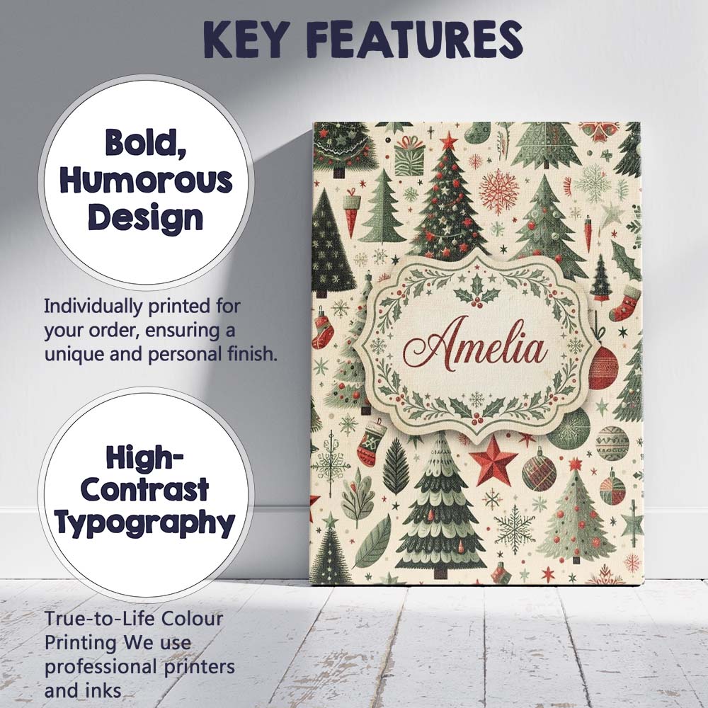 Personalised Name Festive Christmas Trees Custom  Unique Gift Idea Elegant Feature Canvas Wall Art Print Decor Picture Ready to Hang