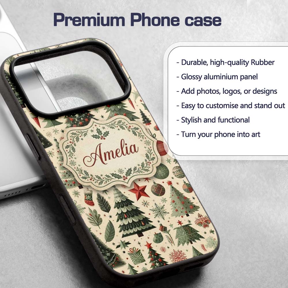 Festive Christmas Trees Gifts Snowflakes and Custom Name Protective Phone Case Mobile Cover Durable Everyday Smartphone Shock Resistant