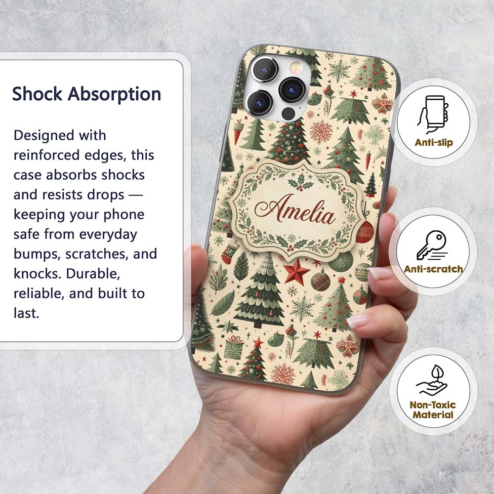 Festive Christmas Trees Gifts Snowflakes and Custom Name Protective Phone Case Mobile Cover Durable Everyday Smartphone Shock Resistant