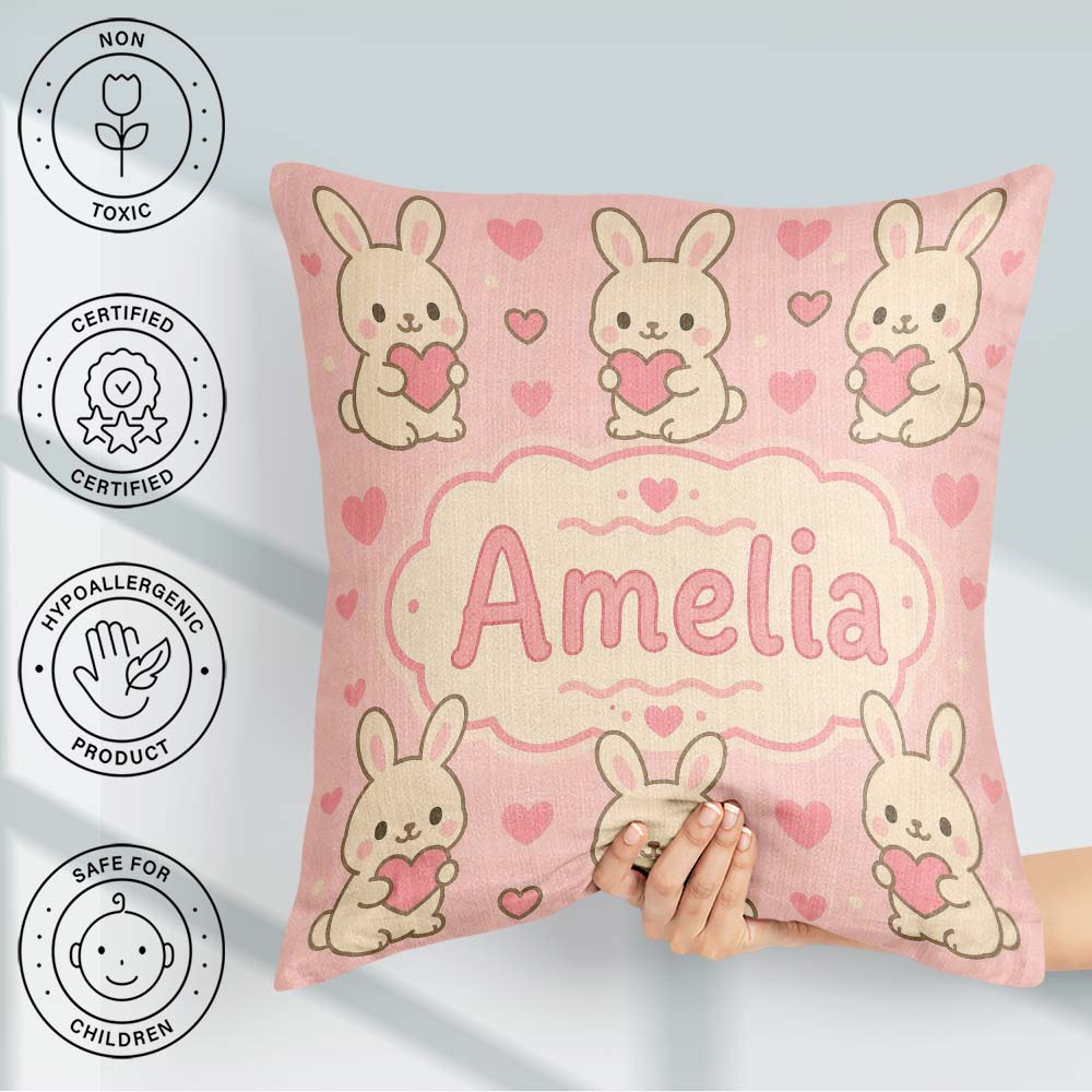 Custom Name Cute Bunny Heart Cartoon Animal Pattern Perfect for Square Filled Cushion Throw Pillow Sofa Bed Home Decor Zip Washable UK Made