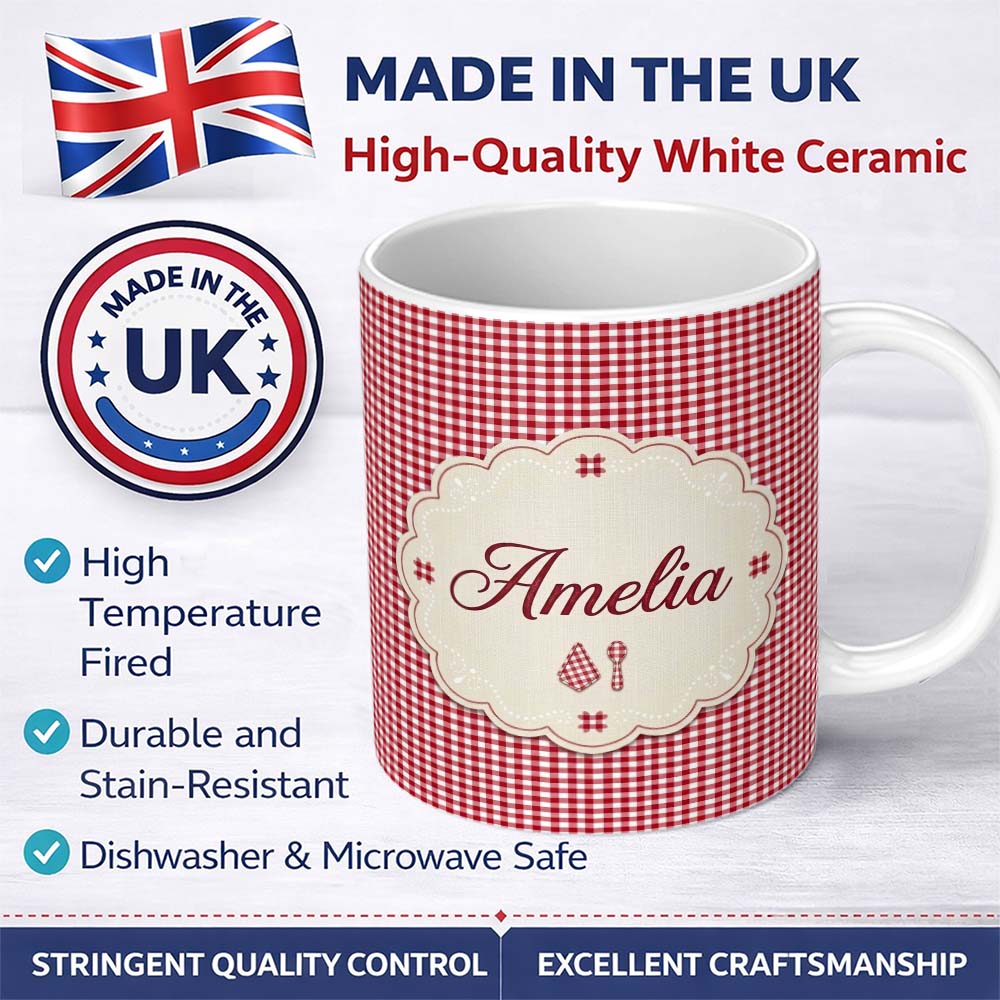 Personalized Custom Name Classic Navy Blue Gingham Check Seamless Pattern Cute Unique Gift 11oz Ceramic Coffee Tea Mug White Large Handle