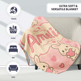 Cute Bunny Heart Cartoon Animal Love Pattern Perfect Gift for Her  Personalised Custom Name Super Soft Fleece Blanket Bed Sofa Throw