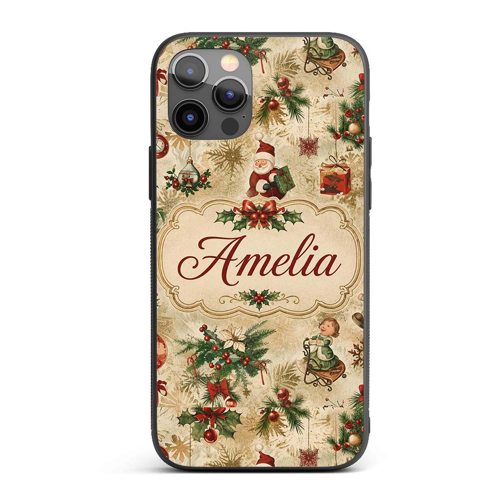 Vintage Christmas Santa Children Holly Ornaments Custom Name Protective Phone Case Mobile Cover Durable Everyday Smartphone Shock Resistant