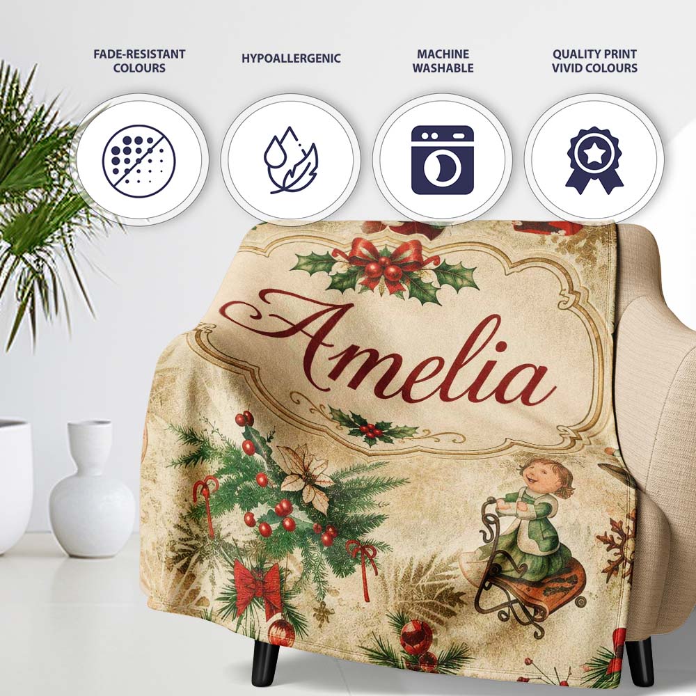 Vintage Christmas Santa Children Holly Ornaments Snowflakes Festive  Personalised Custom Name Super Soft Fleece Blanket Bed Sofa Throw
