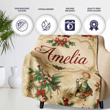 Vintage Christmas Santa Children Holly Ornaments Snowflakes Festive  Personalised Custom Name Super Soft Fleece Blanket Bed Sofa Throw