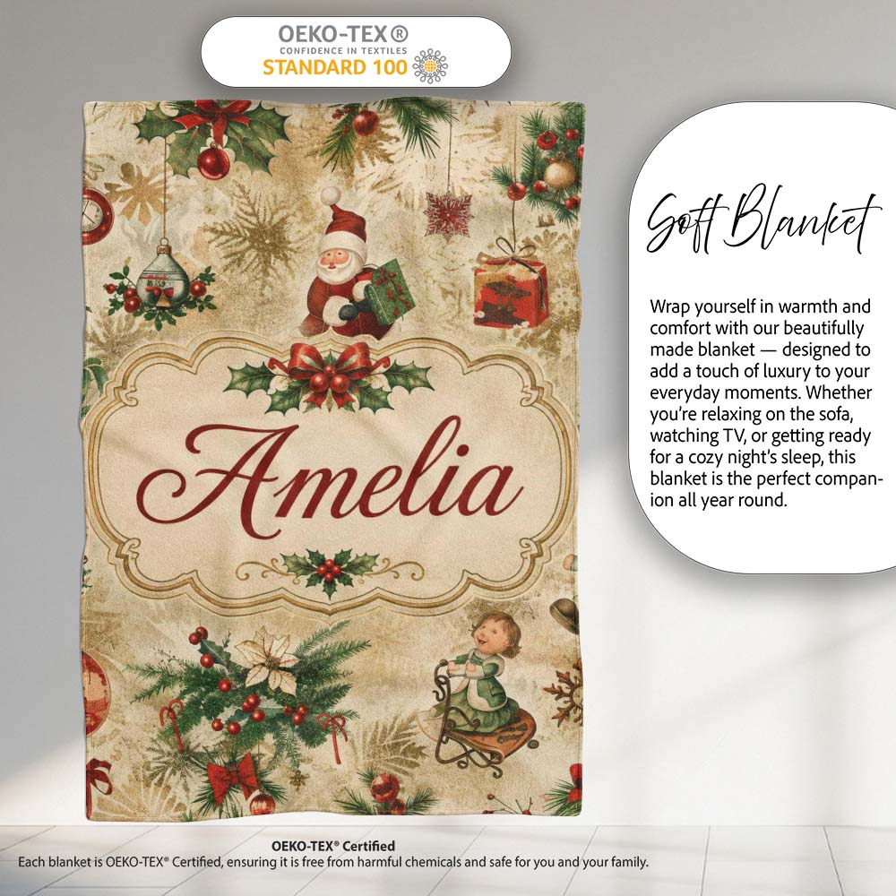 Vintage Christmas Santa Children Holly Ornaments Snowflakes Festive  Personalised Custom Name Super Soft Fleece Blanket Bed Sofa Throw