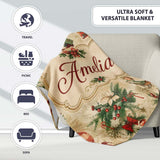 Vintage Christmas Santa Children Holly Ornaments Snowflakes Festive  Personalised Custom Name Super Soft Fleece Blanket Bed Sofa Throw