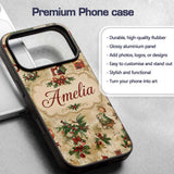 Vintage Christmas Santa Children Holly Ornaments Custom Name Protective Phone Case Mobile Cover Durable Everyday Smartphone Shock Resistant