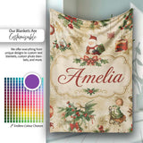 Vintage Christmas Santa Children Holly Ornaments Snowflakes Festive  Personalised Custom Name Super Soft Fleece Blanket Bed Sofa Throw