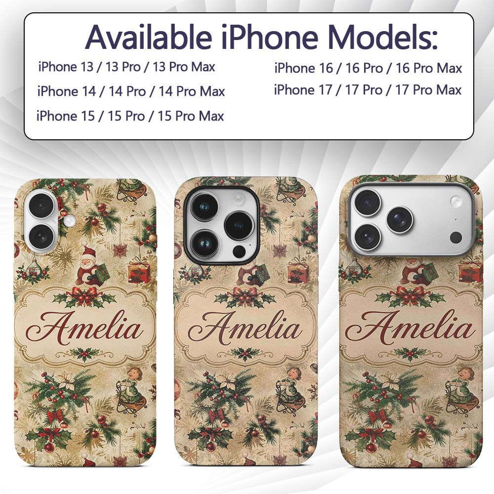 Vintage Christmas Santa Children Holly Ornaments Custom Name Protective Phone Case Mobile Cover Durable Everyday Smartphone Shock Resistant