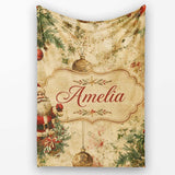 Rustic Santa Claus Christmas Pine Branches Baubles Vintage Holiday  Personalised Custom Name Super Soft Fleece Blanket Bed Sofa Throw