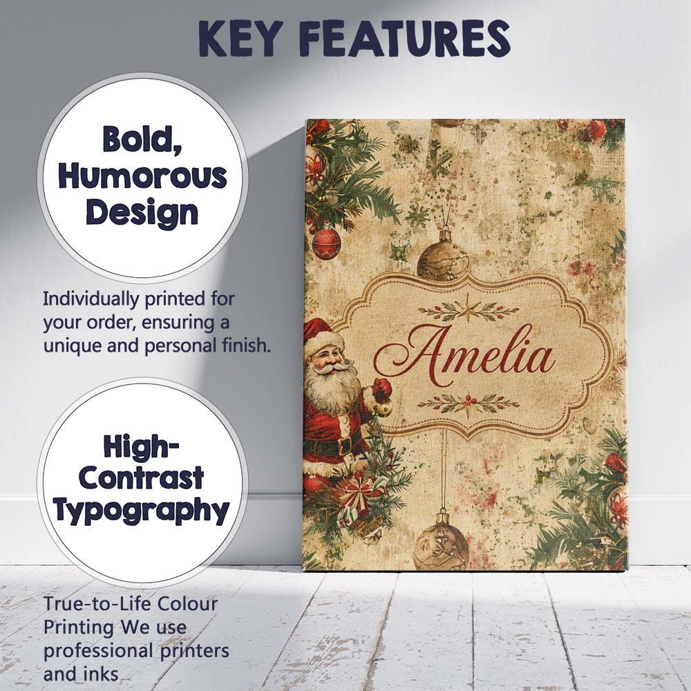 Personalised Name Rustic Santa Claus Custom Premium Decorative Design Modern Room Accent Canvas Wall Art Print Decor Picture Ready to Hang