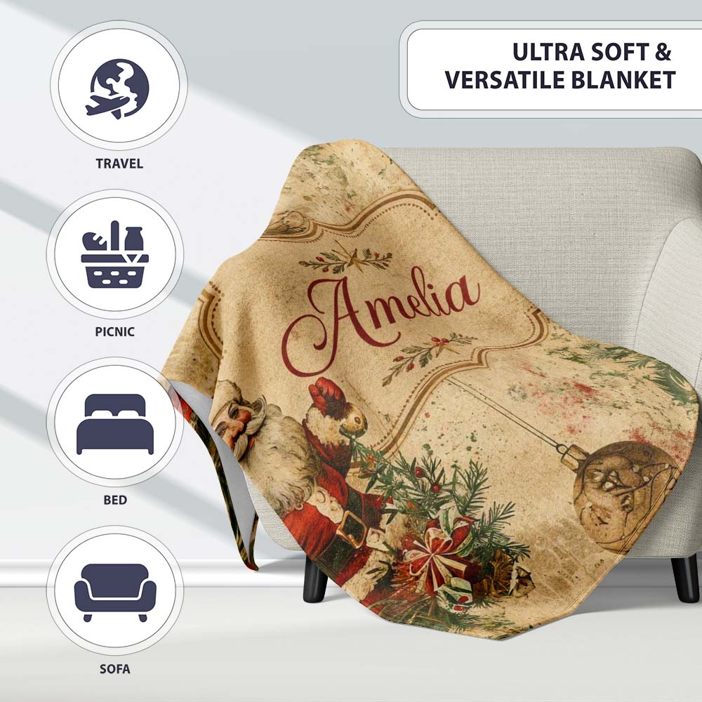 Rustic Santa Claus Christmas Pine Branches Baubles Vintage Holiday  Personalised Custom Name Super Soft Fleece Blanket Bed Sofa Throw