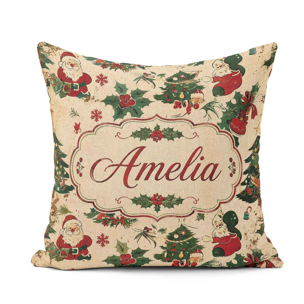 Custom Name Cartoon Santa Christmas Trees Holly Berries Seamless Square Filled Cushion Throw Pillow Sofa Bed Home Decor Zip Washable UK Made