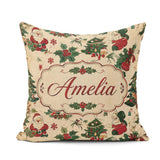 Custom Name Cartoon Santa Christmas Trees Holly Berries Seamless Square Filled Cushion Throw Pillow Sofa Bed Home Decor Zip Washable UK Made