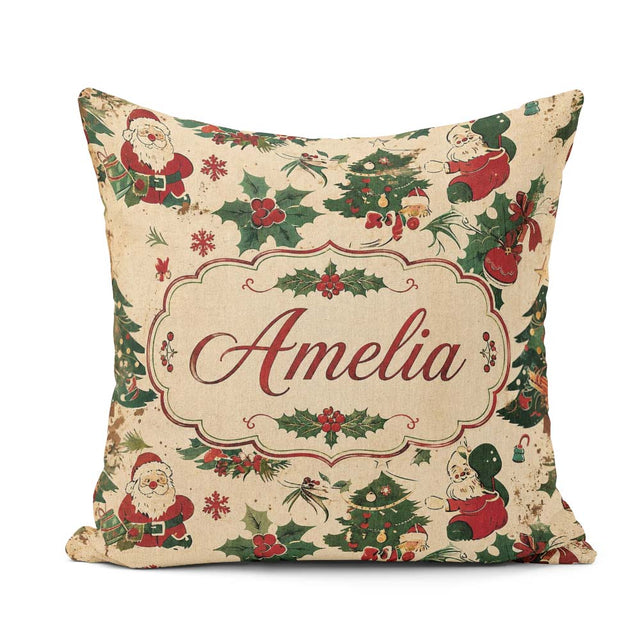 Custom Name Cartoon Santa Christmas Trees Holly Berries Seamless Square Filled Cushion Throw Pillow Sofa Bed Home Decor Zip Washable UK Made