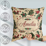 Custom Name Cartoon Santa Christmas Trees Holly Berries Seamless Square Filled Cushion Throw Pillow Sofa Bed Home Decor Zip Washable UK Made